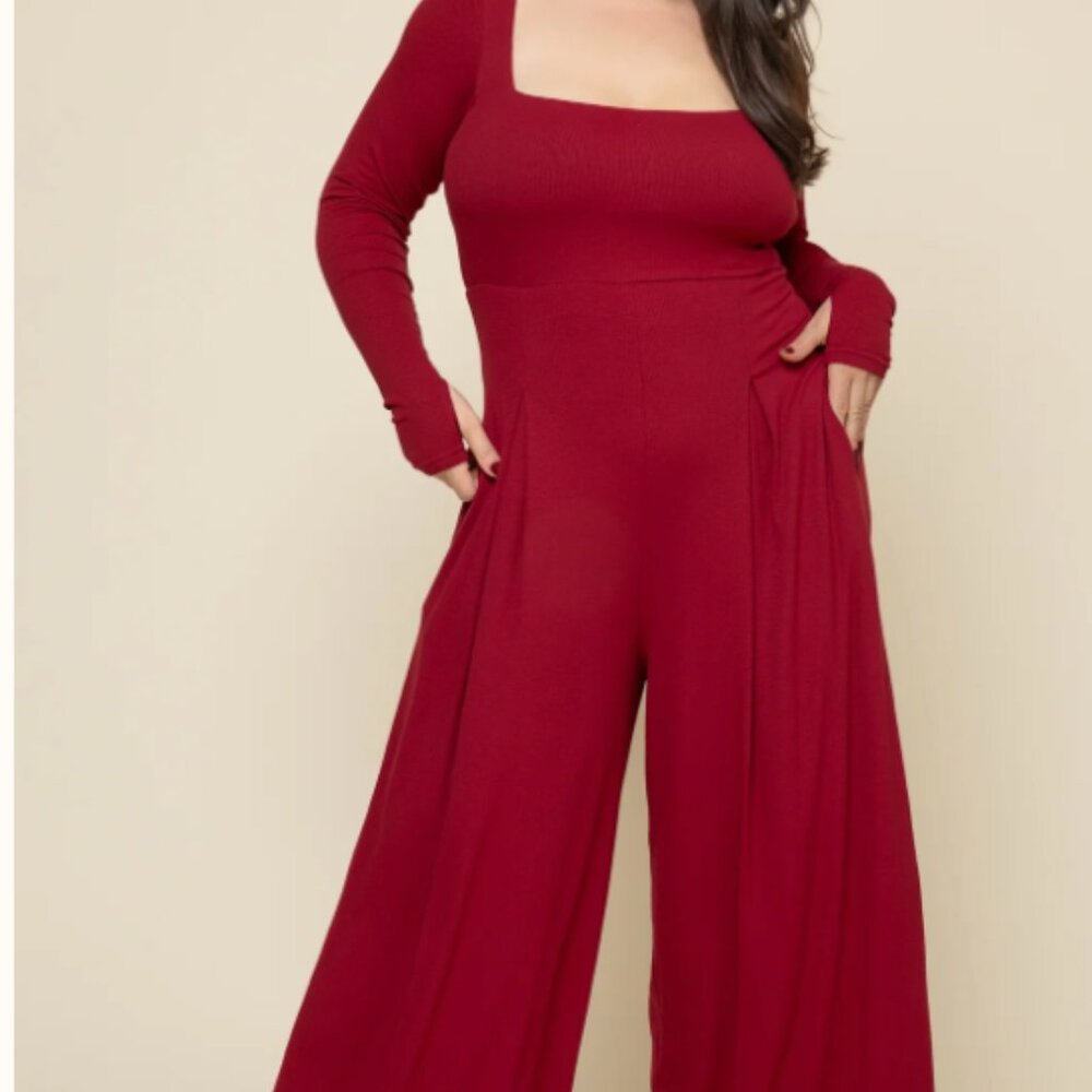 POPFLEX Burgundy Long Sleeve Jumpsuit - XL Square Neck